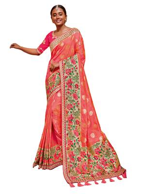 Peach embroidered silk saree with blouse 1
