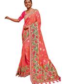 Peach embroidered silk saree with blouse