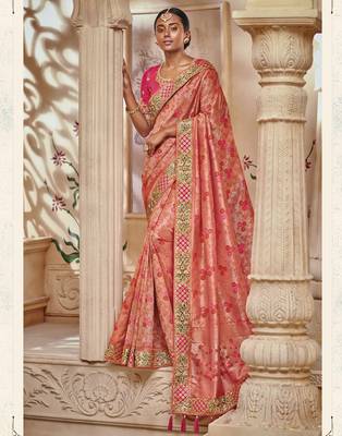 Peach embroidered silk saree with blouse 1
