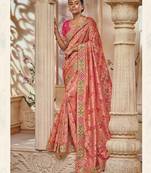 Peach embroidered silk saree with blouse
