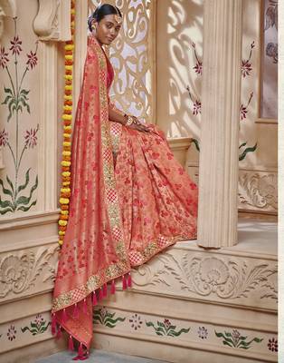 Peach embroidered silk saree with blouse 2