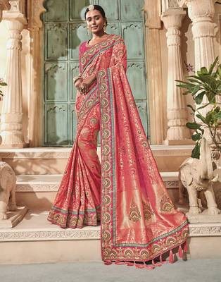 Pink embroidered silk saree with blouse 1