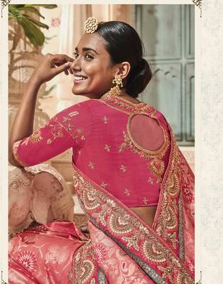 Pink embroidered silk saree with blouse 2
