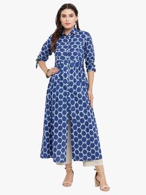 Blue woven cotton kurtis 1