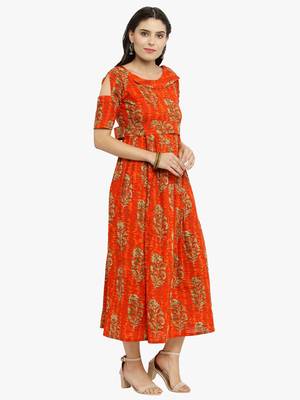 Indibelle Orange woven cotton kurtis 5