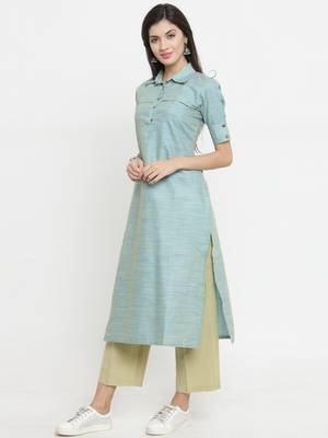 Indibelle Turquoise woven cotton kurtis 4