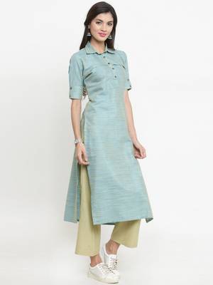 Indibelle Turquoise woven cotton kurtis 5