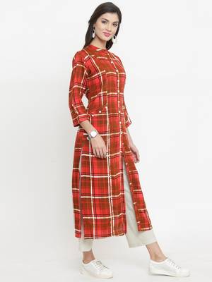 Indibelle Red woven viscose rayon kurtis 5