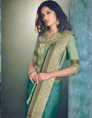 Green embroidered silk saree with blouse 2