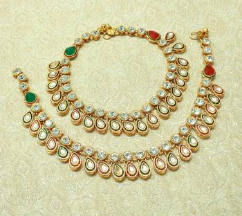 Multi-colour Kundan Stone Gold plated Adjustable Free Size Anklet Payal for wedding Festival - LLA07_MG 1