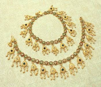 Multi-colour Kundan Stone Gold plated Adjustable Free Size Anklet Payal for wedding Festival - LLA08_MG 1