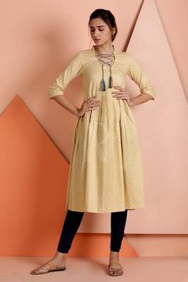 Beige printed cotton stitched kurti 1