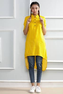 Yellow printed cotton stitched kurti 1