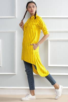 Yellow printed cotton stitched kurti 2