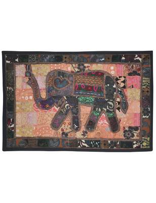 Ethnic Handmade Embroidery Design Elephant Work Cotton Wall D  cor Tapestry 1