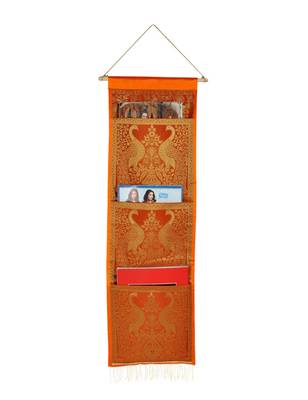 Lal Haveli Peacock Design Magazine Holder 3 Pocket Orange Color 34 X 10 Inch 1