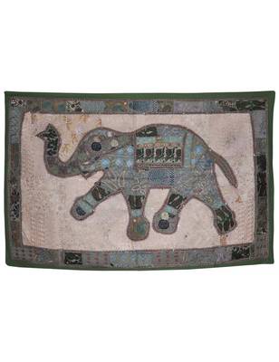 Indian Elephant Art Work Sequin And patchwork Design Cotton Wall Hanging 1
