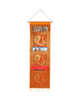 Lal Haveli Designer Embroided Peocock Design wall Hanging 3 pocket Orange Color 34 X 10 Inch 1