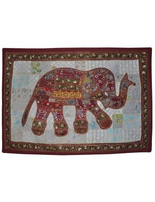 Beads And Sequin Decorative Embroidered patchwork Cotton Elephant Wall Hanging 1