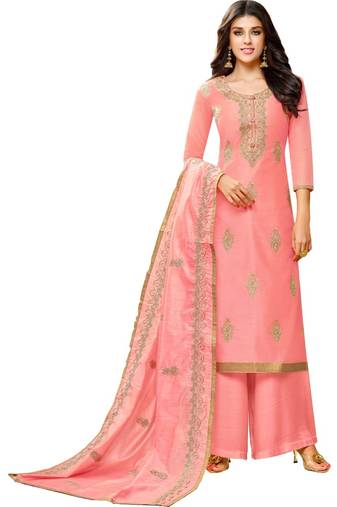 Pink Chanderi Women's Palazzo Suit With Heavy Embroidered Dupatta