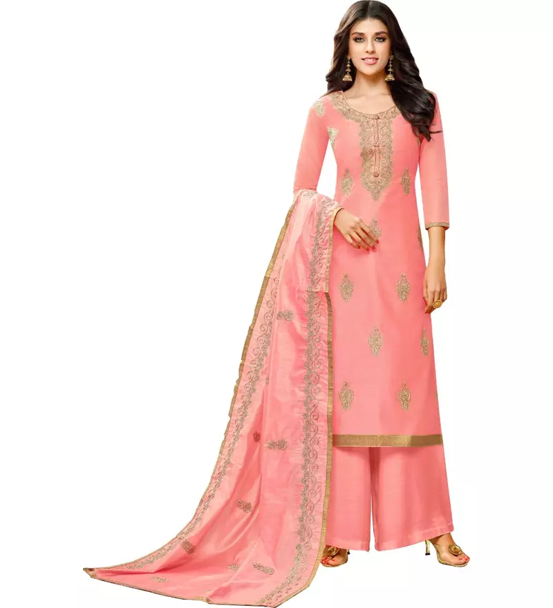 Pink Chanderi Women's Palazzo Suit With Heavy Embroidered Dupatta