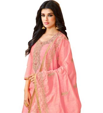 Pink Chanderi Women's Palazzo Suit With Heavy Embroidered Dupatta 2
