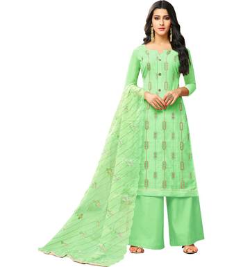 Light Green Chanderi Women's Palazzo Suit With Heavy Embroidered Dupatta 1
