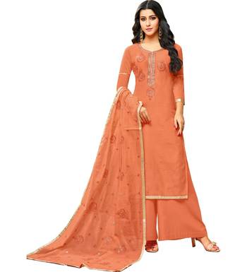 Peach Chanderi Women's Palazzo Suit With Heavy Embroidered Dupatta 1