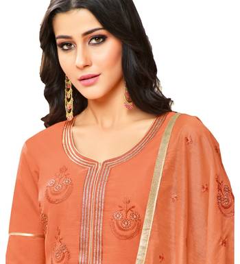 Peach Chanderi Women's Palazzo Suit With Heavy Embroidered Dupatta 2
