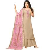 Beige & Pink Chanderi Women's Palazzo Suit With Heavy Embroidered Dupatta