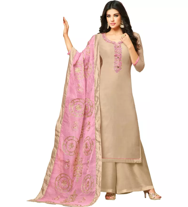 Beige & Pink Chanderi Women's Palazzo Suit With Heavy Embroidered Dupatta