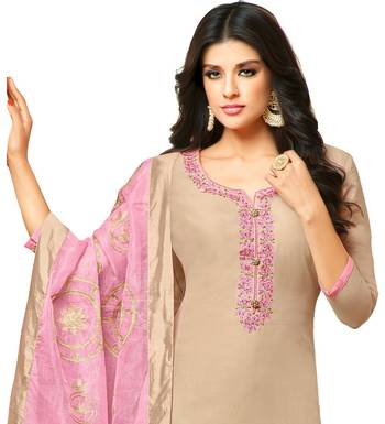 Beige & Pink Chanderi Women's Palazzo Suit With Heavy Embroidered Dupatta 2