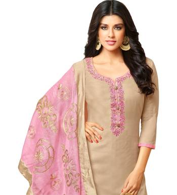 Beige & Pink Chanderi Women's Palazzo Suit With Heavy Embroidered Dupatta 3