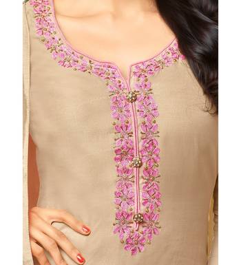 Beige & Pink Chanderi Women's Palazzo Suit With Heavy Embroidered Dupatta 4