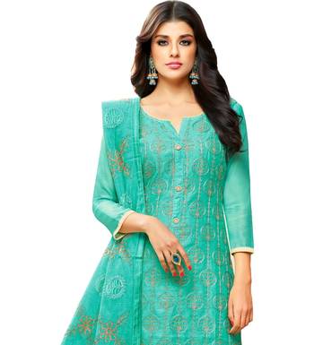Turquoise Chanderi Women's Palazzo Suit With Heavy Embroidered Dupatta 2