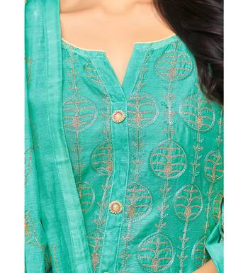 Turquoise Chanderi Women's Palazzo Suit With Heavy Embroidered Dupatta 4