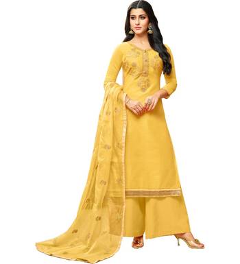 Yellow Chanderi Women's Palazzo Suit With Heavy Embroidered Dupatta 1
