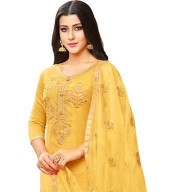 Yellow Chanderi Women's Palazzo Suit With Heavy Embroidered Dupatta 3