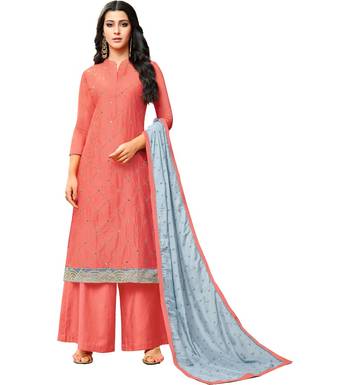 Peach & Grey Chanderi Women's Palazzo Suit 1