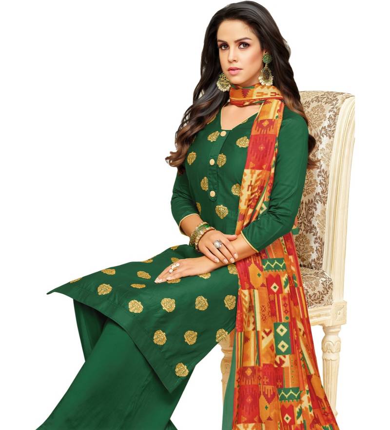 Green & Red Satin Cotton Foil Print Women's Dress Material Mf Next