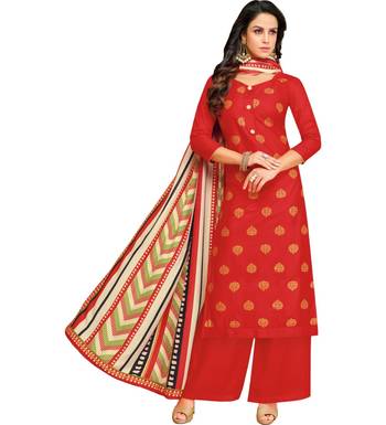 Red & Cream Satin Cotton Foil Print Women's Dress Material 1