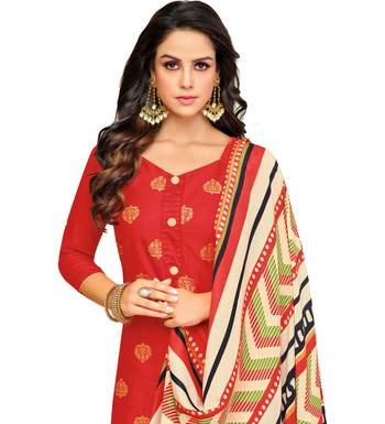 Red & Cream Satin Cotton Foil Print Women's Dress Material 2