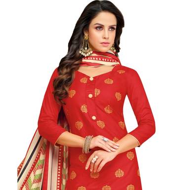 Red & Cream Satin Cotton Foil Print Women's Dress Material 3