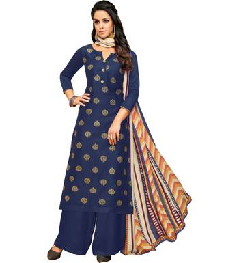 Blue & Cream Satin Cotton Foil Print Women's Dress Material 1