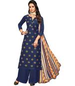 Blue & Cream Satin Cotton Foil Print Women's Dress Material