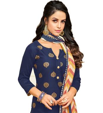 Blue & Cream Satin Cotton Foil Print Women's Dress Material 2