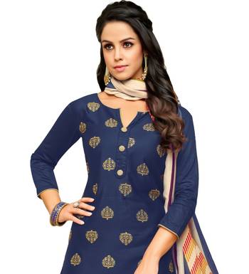 Blue & Cream Satin Cotton Foil Print Women's Dress Material 3