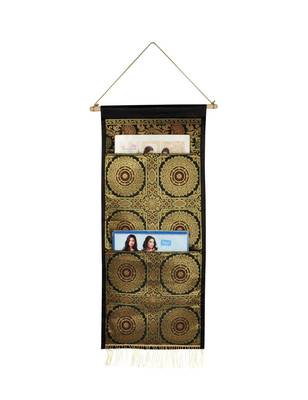 Lal Haveli Home Decor Silk Office Supplies Storage Holder 2 Pocket Black Color 24 X 10 Inch 1