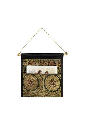 Lal Haveli Home Decor Silk Office Supplies Storage Holder 2 Pocket Black Color 24 X 10 Inch 2