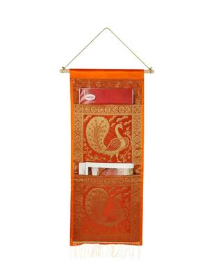Lal Haveli Ethnic Silk Pecock Design Living Room Decorative wall Hanging 2 pocket Orange Color 24 X10 Inch 1